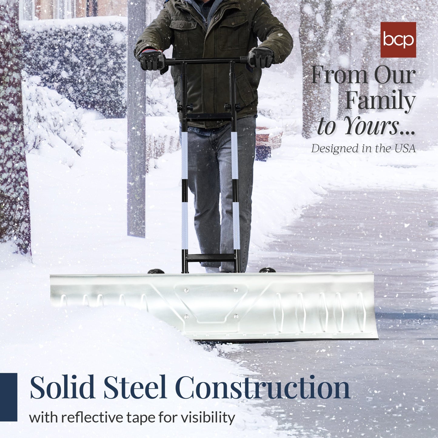 48" Heavy-Duty Snow Pusher with Wheels – Adjustable Steel Blade