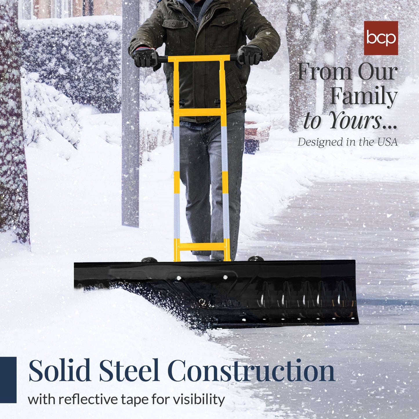 48" Heavy-Duty Snow Pusher with Wheels – Adjustable Steel Blade